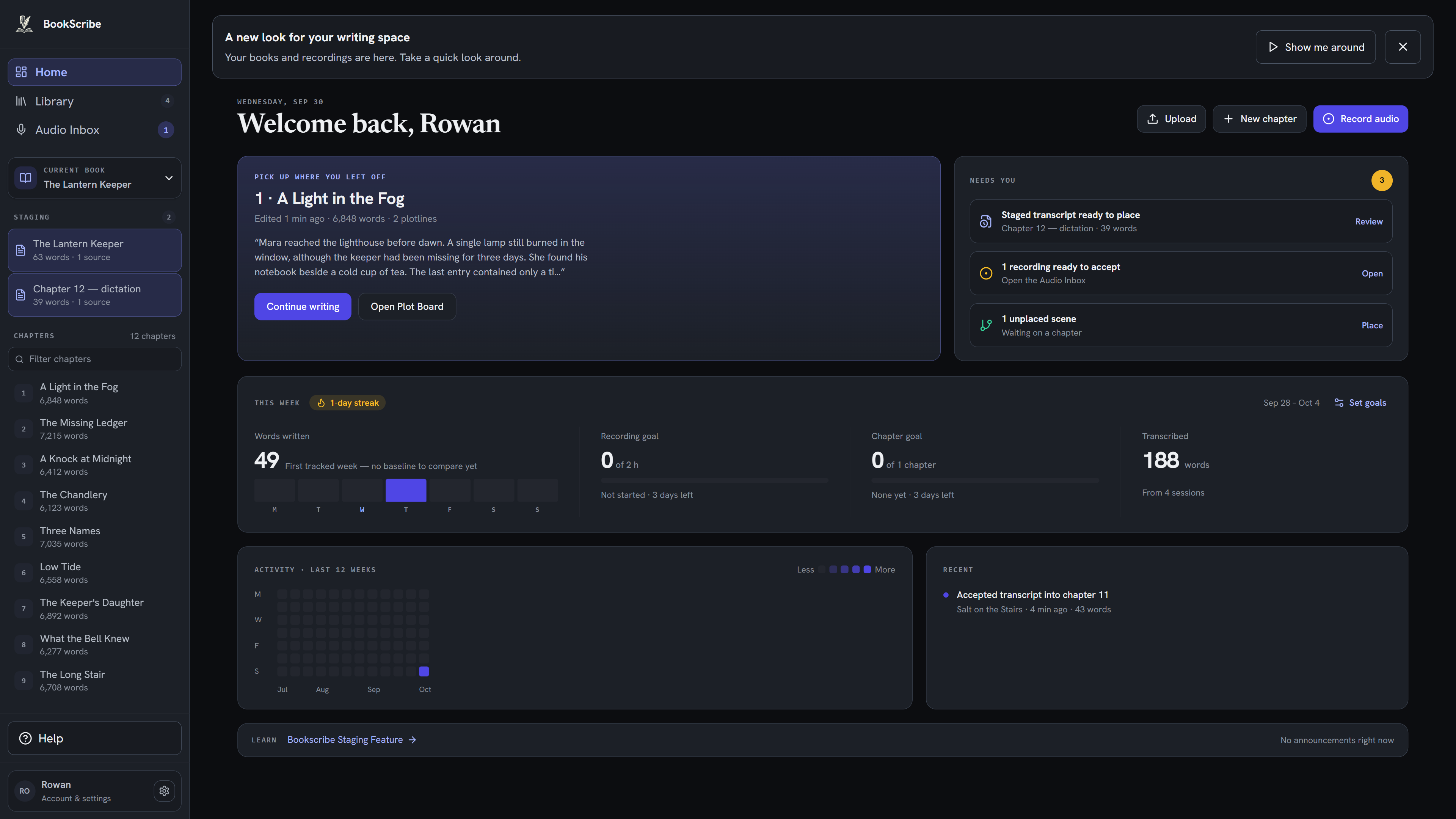 BookScribe dashboard in dark mode, showing chapters, recent writing, recording shortcuts, and progress.