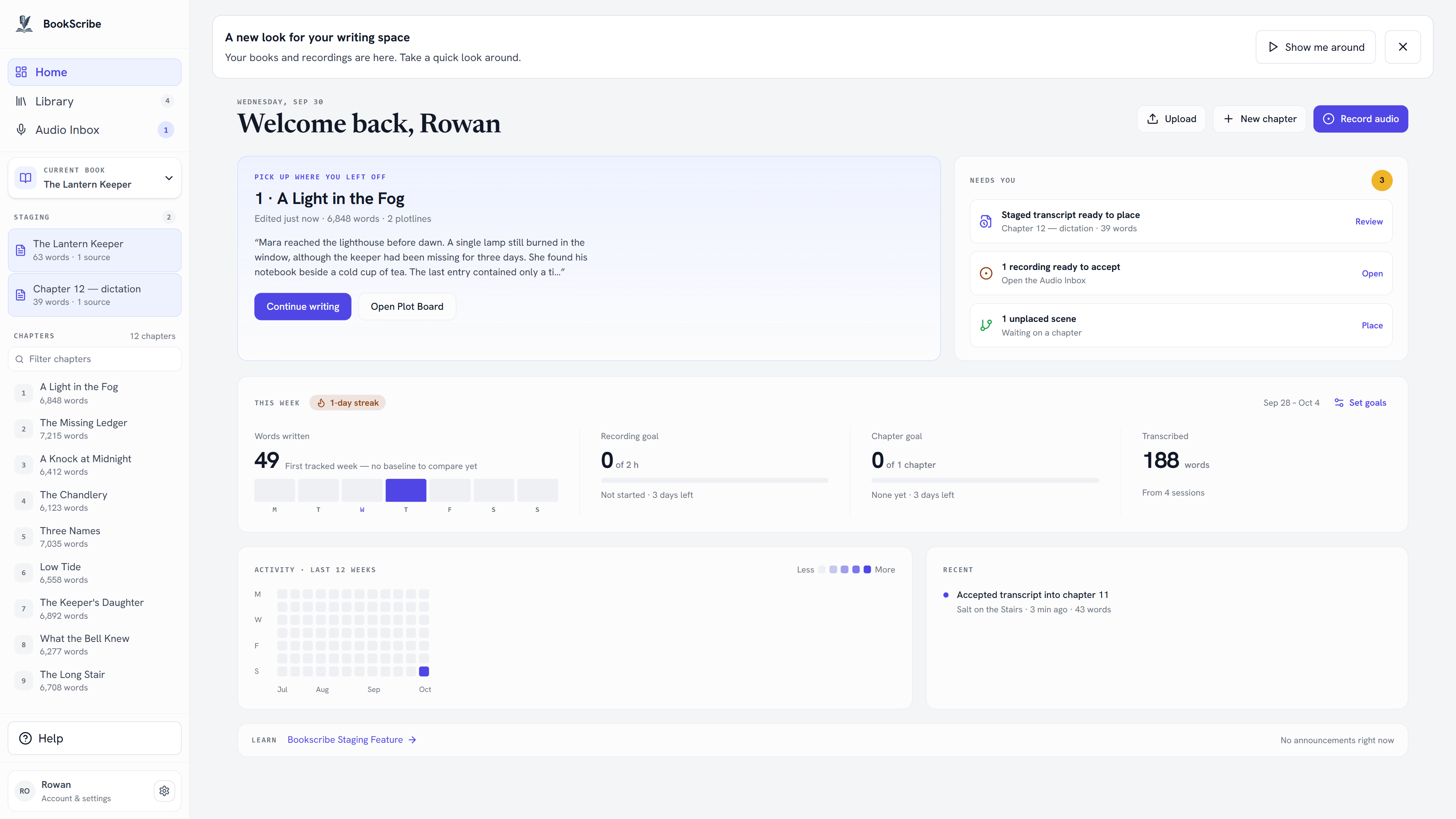 BookScribe dashboard in light mode, showing chapters, recent writing, recording shortcuts, and progress.